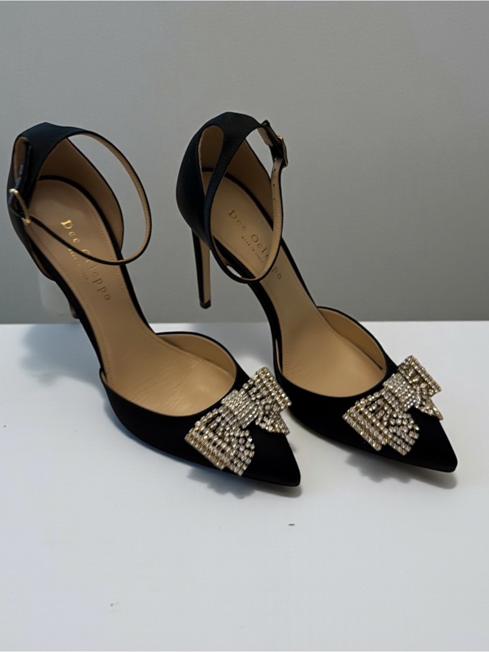 Dee Ocleppo Black Satin Crystal-Bow Pointed Ankle-Strap Heels